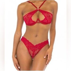 NWT Fredericks of Hollywood Red Lovers Floral Lace Bra & Panty Set, S/M & L/XL
